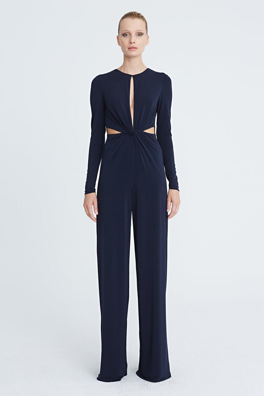 NWT Halston Kathryn Navy Jersey Twist Front Jumpsuit with Cutouts Size 2, 10